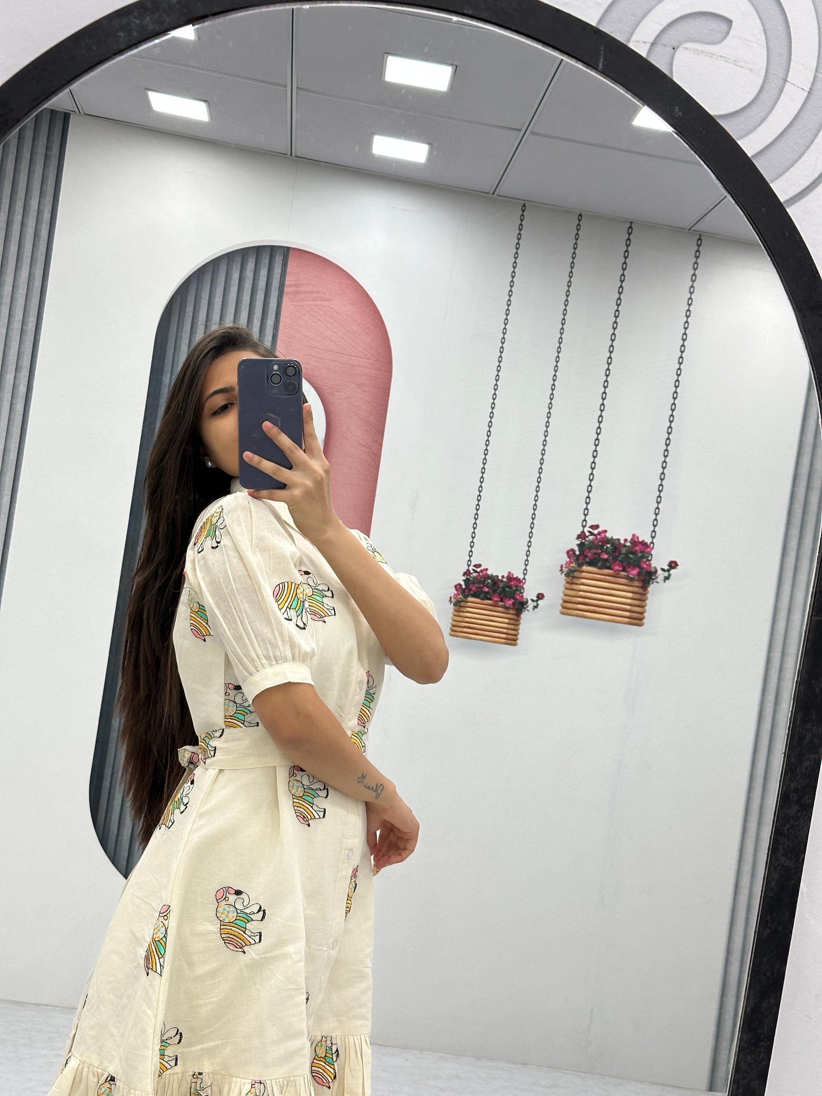 Cream Cotton Dress with Colorful Elephant Print – Casual & Boho Chic Style